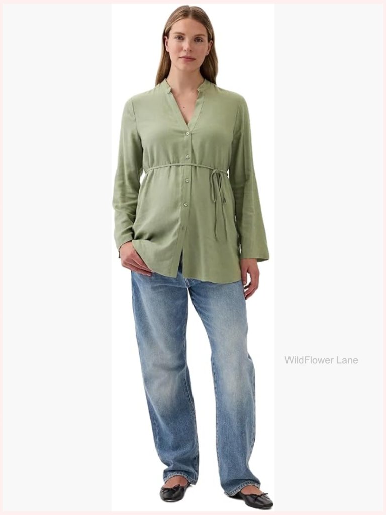 Maternity Linen Button Down Top With Tie Belt